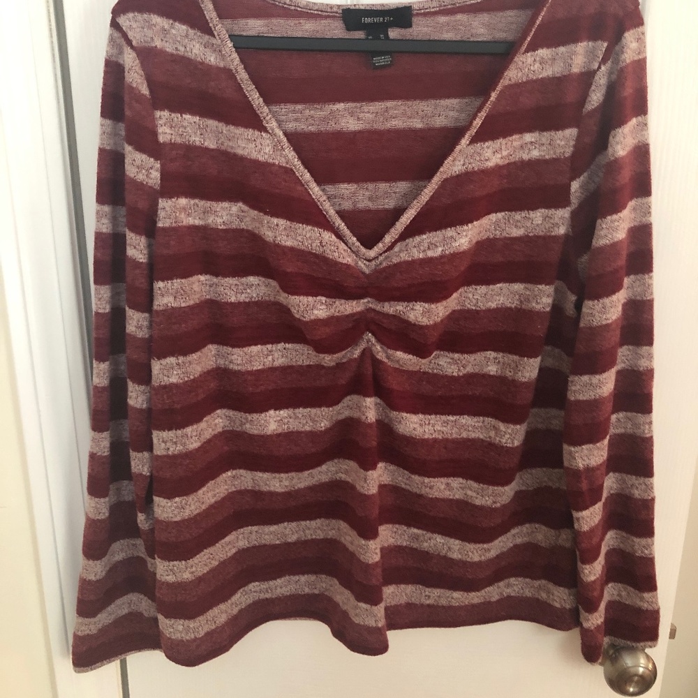 Striped Plus Size V-Neck Fuzzy Sweater